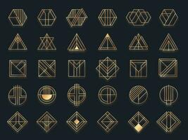 Art deco geometric shapes. Golden geometrical art shape, gold circle symbol and abstract triangle. Creative lines square and elegant geometrics rhombus vector set