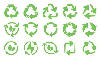 Green eco recycle arrows icons. Reload arrows, recyclable trash and ecological bio recycling icon vector set