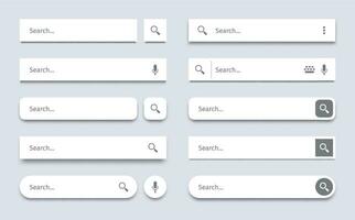 Search bar. Searching panel, website ui bars with shadows and quick search boxes template vector set