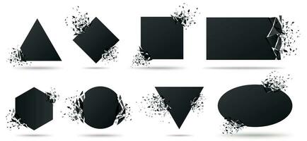 Exploded frame with spray particles. Explosion destruction, shattered geometric shapes and destruction energy vector banners set