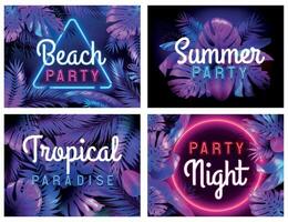 Neon beach party poster. Tropical paradise, summer partying night and bright neon color leaves vector illustration set