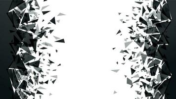 Abstract shatter destruction background. Broken debris pieces, black triangles walls destruction and shattered wall explosion vector background