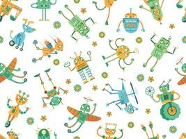 Seamless robots pattern. Robot rocket, colorful robotic dog and programming robots for kids vector illustration