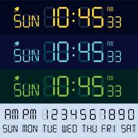 Alarm clock lcd display font. Electronic clocks numbers, digital screen hours and minutes. Retro display text vector set