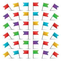 Realistic 3d color flag push pins with and metal needle in different angles isolated vector set. Office paper fixing accessories and map pointers