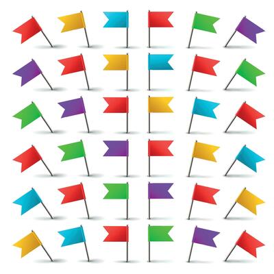 Realistic 3d color flag push pins with and metal needle in different angles isolated vector set. Office paper fixing accessories and map pointers
