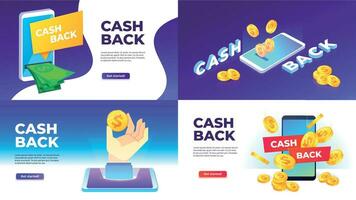 Mobile cashback banner. Golden coins spend back, buying with cashback and reward to wallet vector illustration set