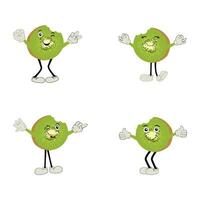 kiwi Fruta sonrisas linda dibujos animados emoticonos emoji iconos kiwi personaje con un frio cara y Gafas de sol. Perfecto para niños, mercancías y pegatina, bandera promoción vector