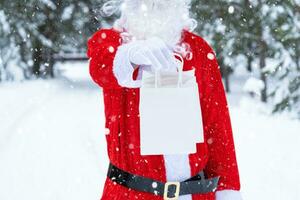 Santa Claus outdoor in winter and snow handing in hand paper bags with craft gift, food delivery. Shopping, packaging recycling, handmade, delivery for Christmas and New year photo