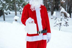 Santa Claus outdoor in winter and snow handing in hand paper bags with craft gift, food delivery. Shopping, packaging recycling, handmade, delivery for Christmas and New year photo