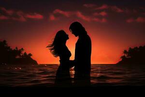 silueta de un amoroso Pareja en el playa a atardecer, silueta Pareja en amor emerge desde el Oceano verano sentimiento, ai generado foto