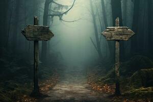 Wooden direction signs in the foggy forest. 3D Rendering, Showing a path splitting into two going into the woods with a blank signpost, AI Generated photo