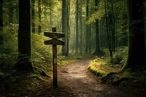 Wooden signpost in the forest. Concept of hiking and trekking, Showing a path splitting into two going into the woods with a blank signpost, AI Generated photo