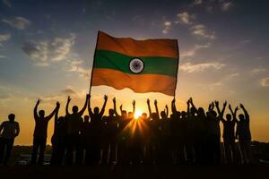 silueta de un grupo de personas participación el bandera de India a atardecer, silueta grupo de personas ondulación indio banderas, ai generado foto