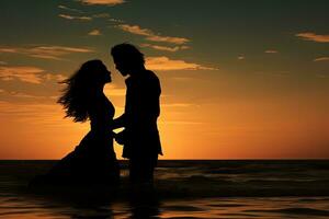 Silhouette of a loving couple on the beach at sunset, silhouette Couple in love emerges from the ocean summer feeling, AI Generated photo