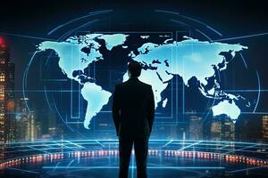 Back view of businessman looking at abstract world map on night city background. Global business concept. Double exposure, Silhouette of a businessman standing in front, AI Generated photo