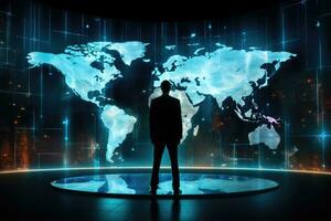 Rear view of businessman standing in front of virtual world map. 3D rendering, Silhouette of a businessman standing in front of a giant hologram screen showing a world map, AI Generated photo