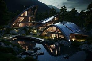 3d representación de un futurista edificio en el bosque con un lago, exhibiendo el integración de renovable energía fuentes y Respetuoso del medio ambiente arquitectura, ai generado foto