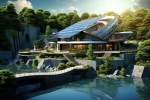 3d render of modern house with solar panels and beautiful landscaping, showcasing the integration of renewable energy sources and eco-friendly architecture, AI Generated photo