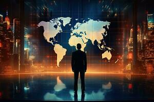 Businessman looking at the world map on abstract city background. 3D Rendering, Silhouette of a businessman standing in front of a giant hologram screen showing a world map, AI Generated photo