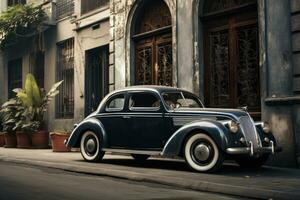 Old classic car in Havana, Cuba. Classic american car, Side view of vintage car parked on street, AI Generated photo