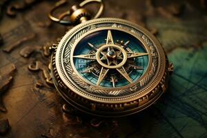 Compass on old map background. Vintage style toned picture, Retro compass that looks like it belongs to a pirate, AI Generated photo