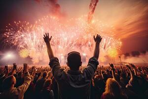 Crowd cheering at a music festival with fireworks exploding in the sky, rear view of the crowd cheering at a music festival with fireworks in the background, AI Generated photo