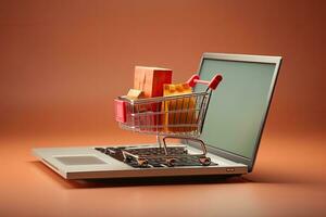 Shopping cart with gift boxes on laptop. Online shopping concept, Shopping cart and shopping bags on laptop. Online shopping concept, AI Generated photo