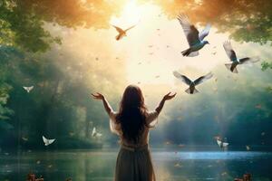 joven mujer en el bosque con volador palomas concepto de libertad, posterior ver de mujer Orando y gratis pájaro y disfrutando naturaleza, ai generado foto