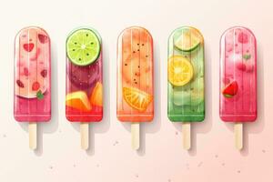 Colorful fruit ice cream popsicles on white background. Vector illustration, Set of fruit popsicle, AI Generated photo