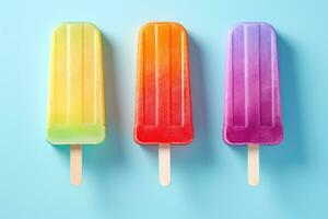 Colorful popsicles on blue background. Top view, flat lay, Set of bright ice cream popsicle, AI Generated photo