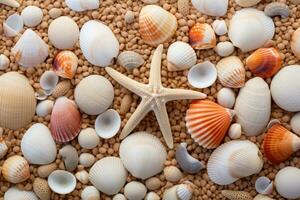 conchas marinas y estrella de mar en arena antecedentes. parte superior vista, arenoso playa con colección de conchas marinas y estrella de mar como natural texturizado fondo, ai generado foto