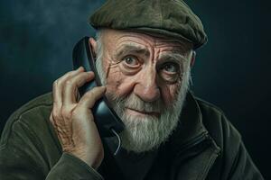 retrato de un mayor hombre con un gris barba hablando en el teléfono, mayor hombre en teléfono llamar, ai generado foto