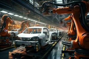 automatización industria concepto. automotor montaje línea en fábrica. 3d representación, robótico coche producción línea, ai generado foto