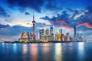 Shanghai Lujiazui Finance and Trade Zone of the modern city, Shanghai skyline panorama with Huangpu river, China, AI Generated photo