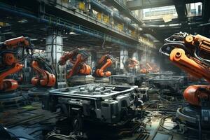 3d rendering robotic arms working in a factory. Automotive industry concept, robotic car production line, AI Generated photo