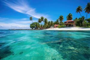 tropical beach in Maldives with few palm trees and blue lagoon, San Andres Providencia Islands Caribbean Colombia, AI Generated photo