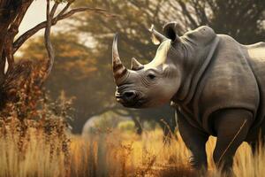 White rhinoceros Ceratotherium simum, rhino in the wild, AI Generated photo