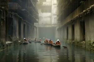 Group of people rowing boat in the river,3d rendering, Rowers grow out of concrete in a lost city, AI Generated photo