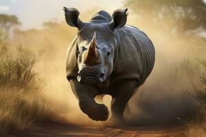 White rhinoceros Ceratotherium simum running in the savannah, rhino in the wild, AI Generated photo