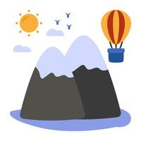 A unique design icon of mountains with sun showcasing hills weather vector