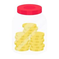 Dollar insider glass bottle, flat design of money jar vector