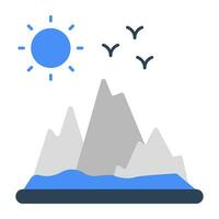 A unique design icon of mountains with sun showcasing hill station vector