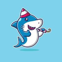 vector ilustración de linda tiburón con cumpleaños sombrero