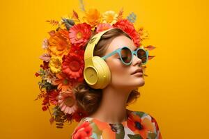 un mujer con auriculares y amarillo antecedentes foto