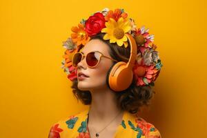 un mujer con auriculares y amarillo antecedentes foto