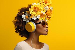 un mujer con auriculares y amarillo antecedentes foto