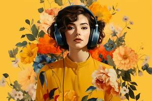 un mujer con auriculares y amarillo antecedentes foto