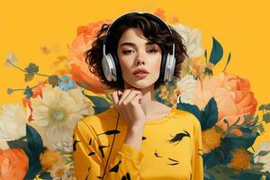 un mujer con auriculares y amarillo antecedentes foto