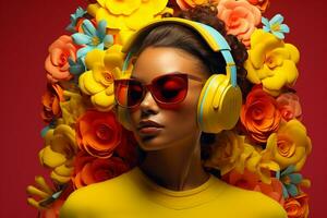 un mujer con auriculares y amarillo antecedentes foto